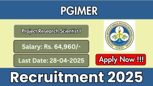 PGIMER Project Research Scientist I Recruitment 2025 - Apply Offline for 01 Posts Before April 28 PGIMER Project Research Scientist I Recruitment 2025 - Apply Offline for 01 Posts Before April 28
