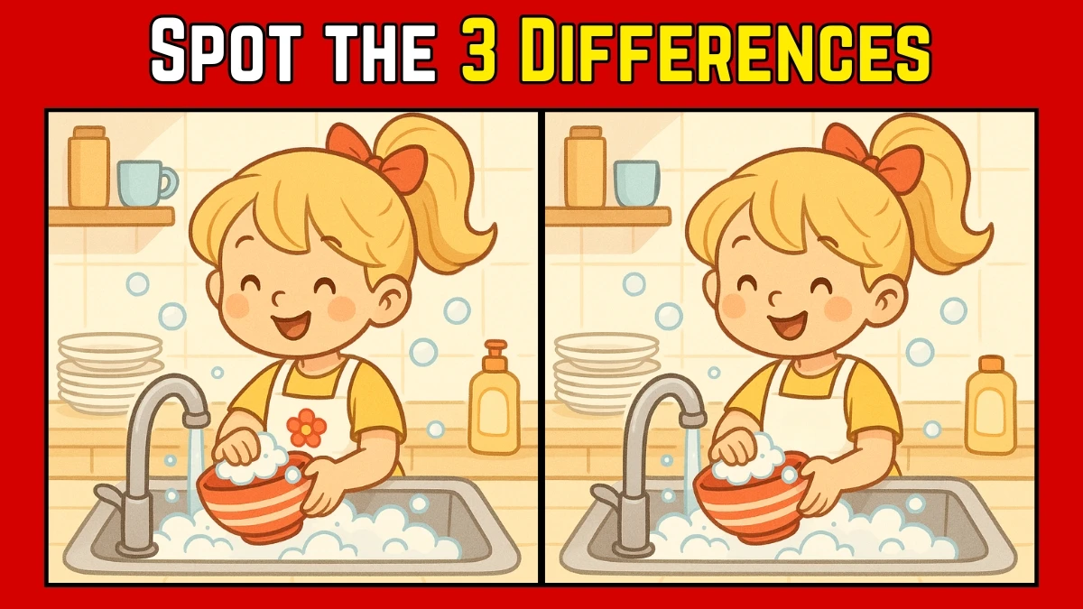Spot the Difference: Within 9 Seconds Spot The 3 Differences in this Girl Washing Dish Image