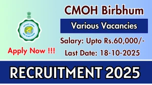 CMOH Birbhum Recruitment 2025 - Apply Online for 44 Medical Officer, Laboratory Technician and More Posts by Oct 18 CMOH Birbhum Recruitment 2025 - Apply Online for 44 Medical Officer, Laboratory Technician and More Posts by Oct 18