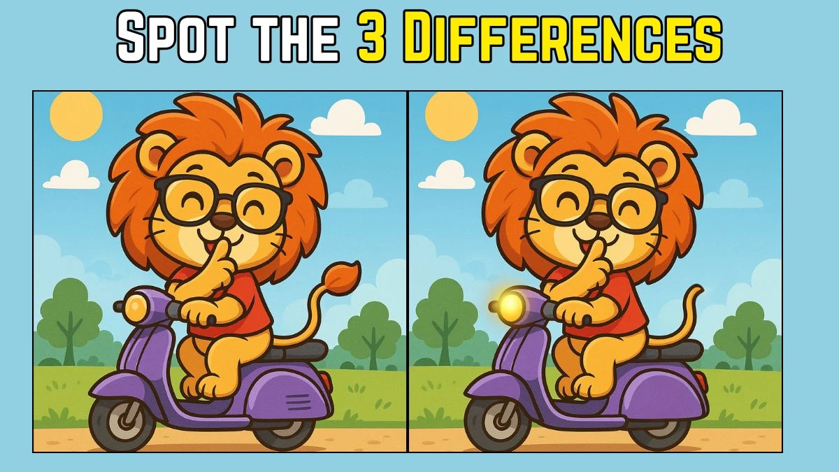 Spot the Difference: Can you Find 3 differences between the Lion driving a Scooter pictures in 10 seconds!