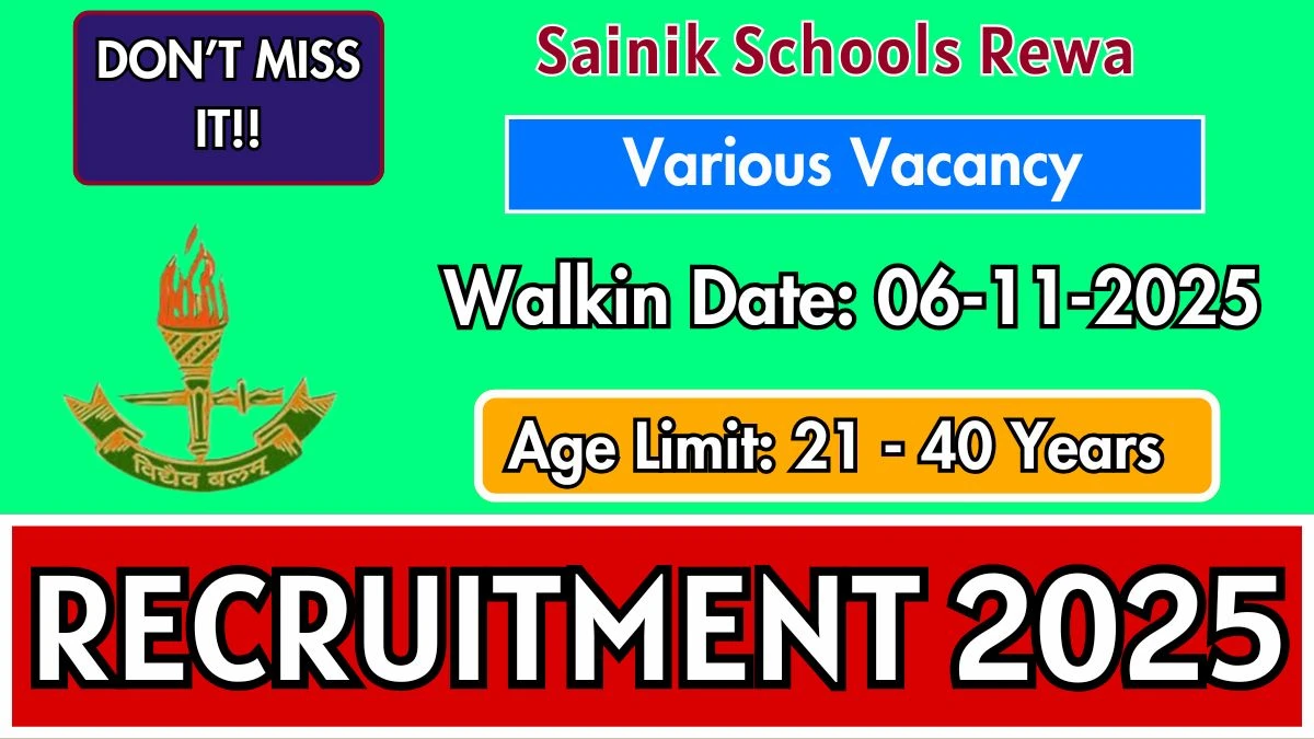 Sainik Schools Rewa Recruitment 2025 – Walk in for 5 PGT, TGT and More Posts Sainik Schools Rewa Recruitment 2025 – Walk in for 5 PGT, TGT and More Posts