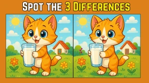 Spot the Difference: Within 8 Seconds Spot The 3 Differences in this Cat Drinking Milk Image