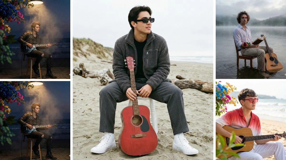 10 Google Gemini AI Photo Editing Prompts for Boys to Create Ultra-Realistic Beach Guitar Portraits