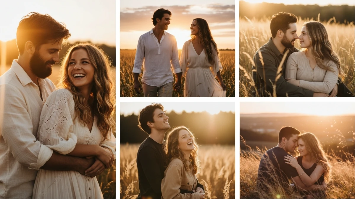 12 Midjourney AI Photo Editing Prompts to Create Cinematic Sunset Couple Portraits in Golden Grass Fields