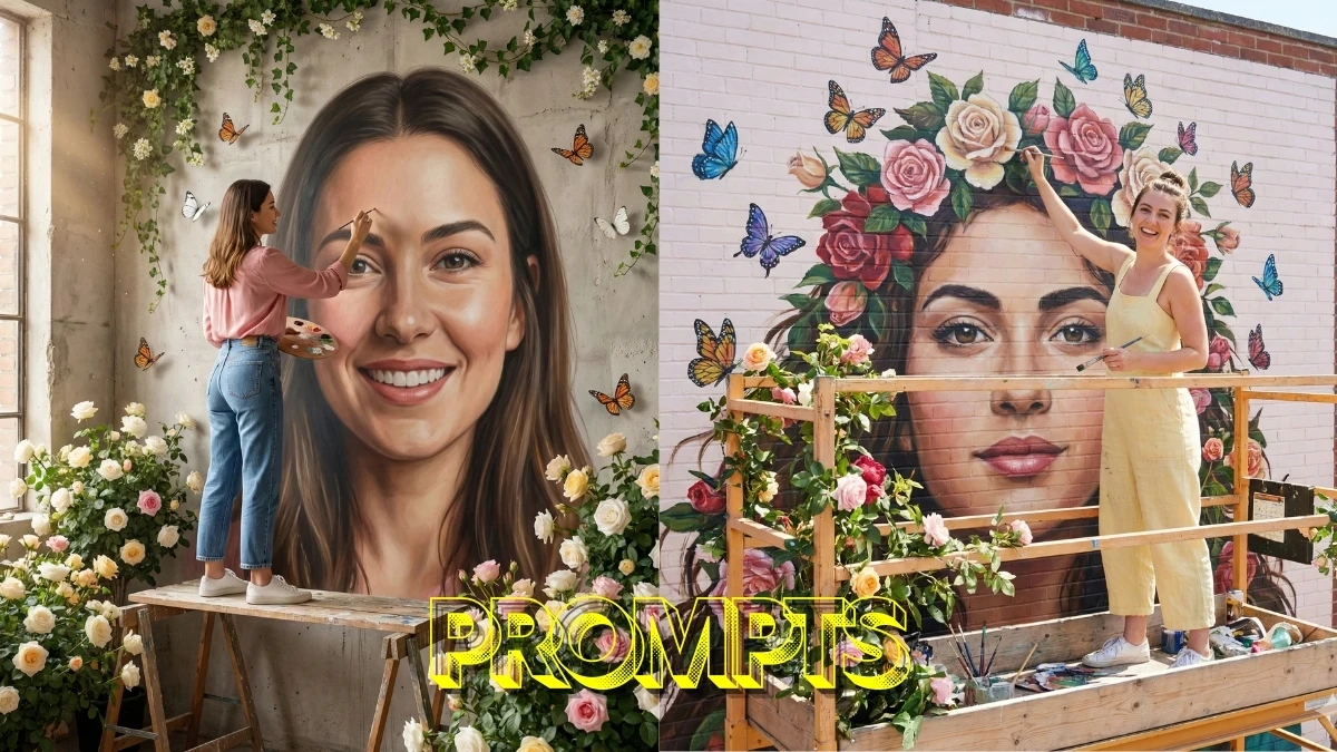 10 Gemini AI Photo Editing Prompts for Girls: Creating a Giant Floral Self-Portrait Mural in a Sunlit Studio