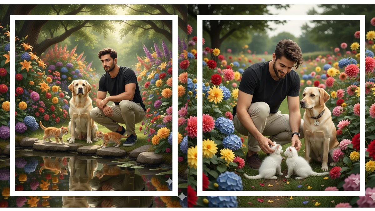 10 Heartwarming Qwen AI Photo Editing Prompts Copy-Paste to Create Beautiful Garden Portraits with Cute Pets