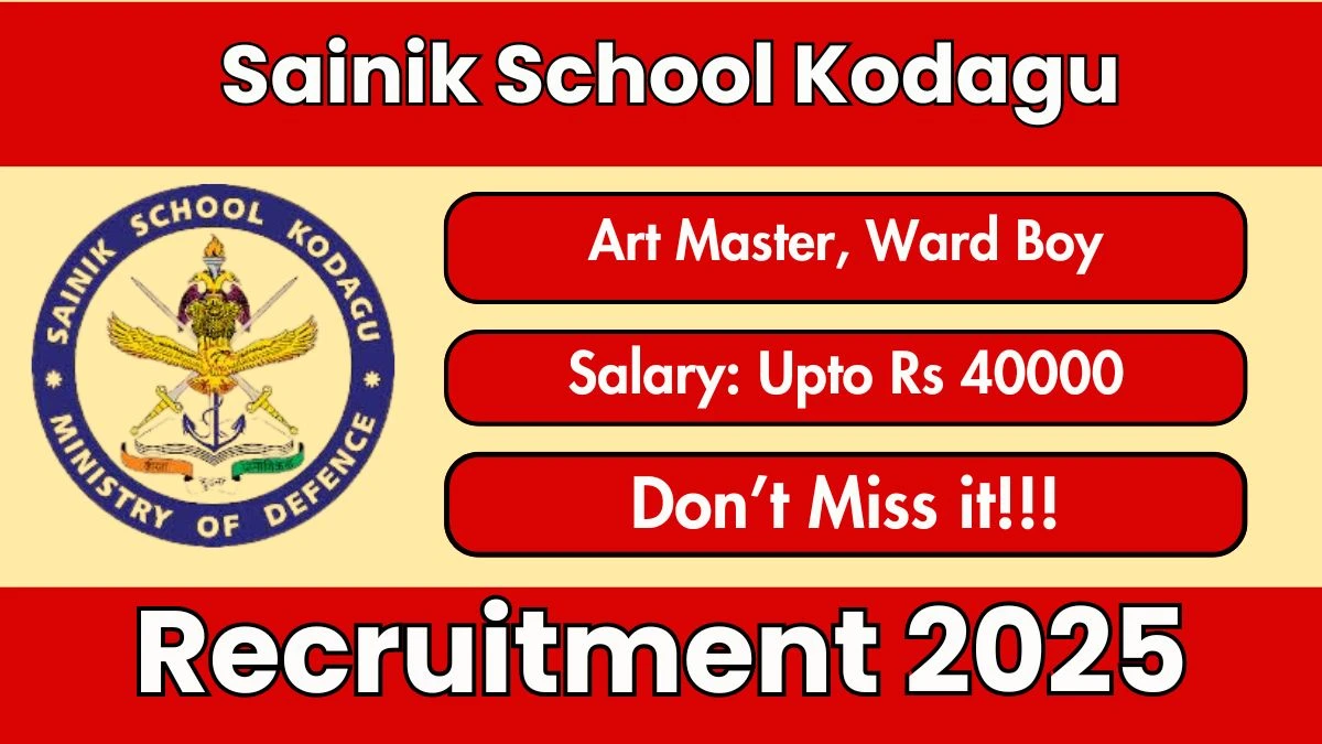Sainik School Kodagu Recruitment 2025 - Apply Offline for 04 Art Master, Ward Boy Posts