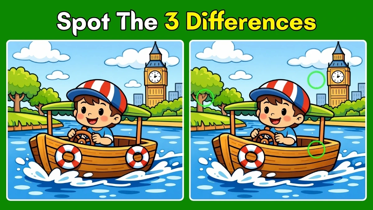 Spot the Difference: Can You Spot the 3 differences in this boy driving boat image in 8 Secs?