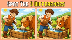 Spot 3 differences between the horse drinking water pictures in 9 seconds!
