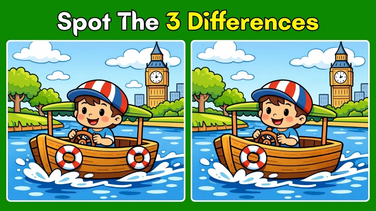 Spot the Difference: Can You Spot the 3 differences in this boy driving boat image in 8 Secs?