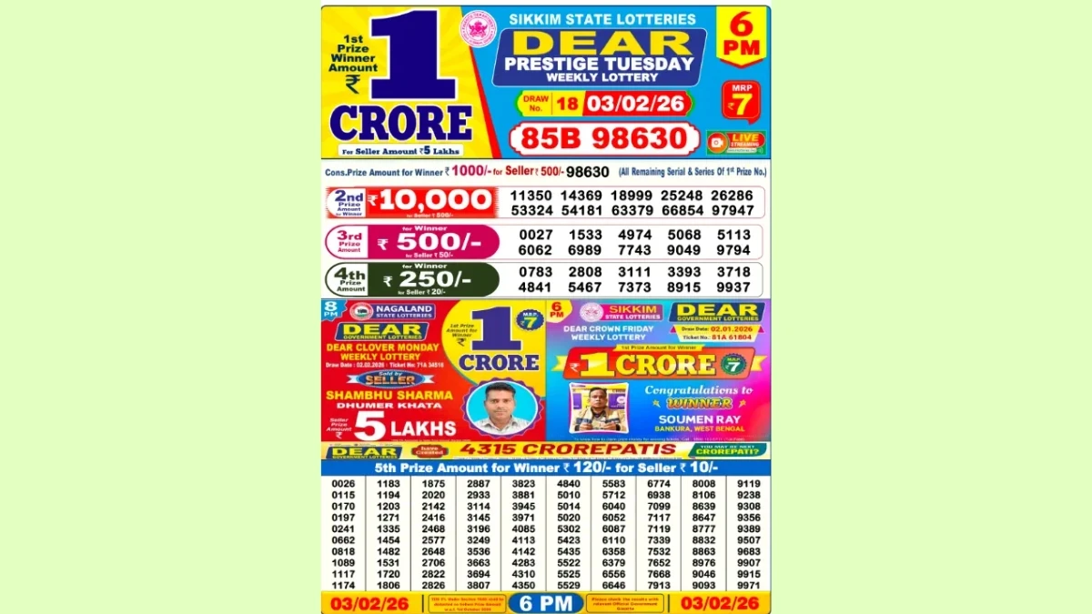 Nagaland Dear Lottery Result Today 02/03/2026 6 PM OUT: Check all Dear Prestige Day Tuesday Winning Numbers Here