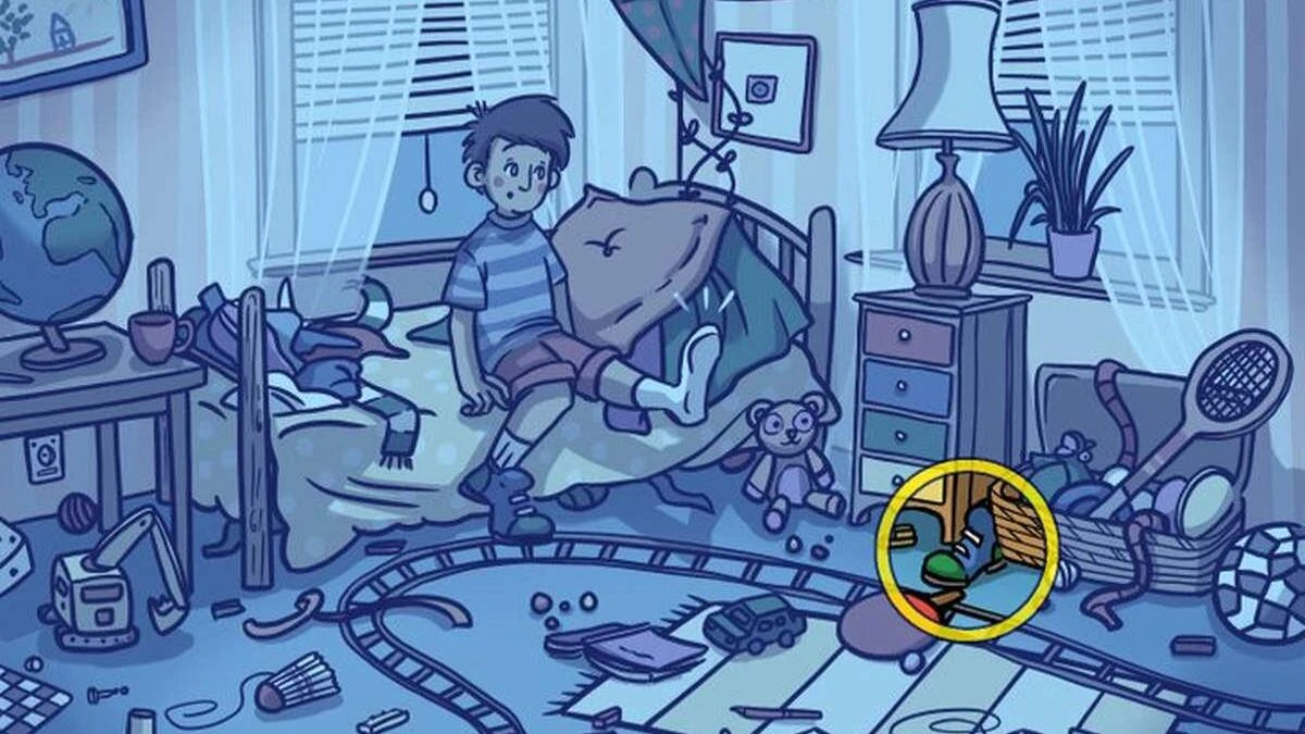 Optical Illusion Puzzle: Help the Boy Find His Missing Shoe in a Messy Room