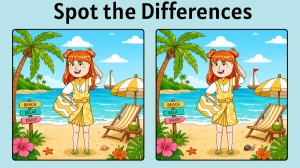 Spot 5 Differences: Cute Girl on Summer Vacation at the Beach Puzzle Challenge!