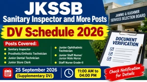 JKSSB Supplementary DV Schedule 2026 - Check Sanitary Inspector and More Posts DV Dates at jkssb.nic.in JKSSB Supplementary DV Schedule 2026 - Check Sanitary Inspector and More Posts DV Dates at jkssb.nic.in