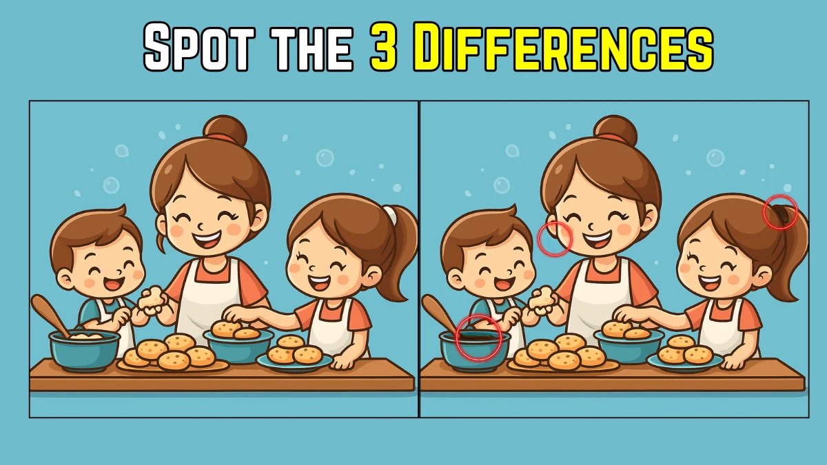 Spot the Difference: Within 9 Seconds Spot The 3 Differences in this Mom and Kids Cooking Image