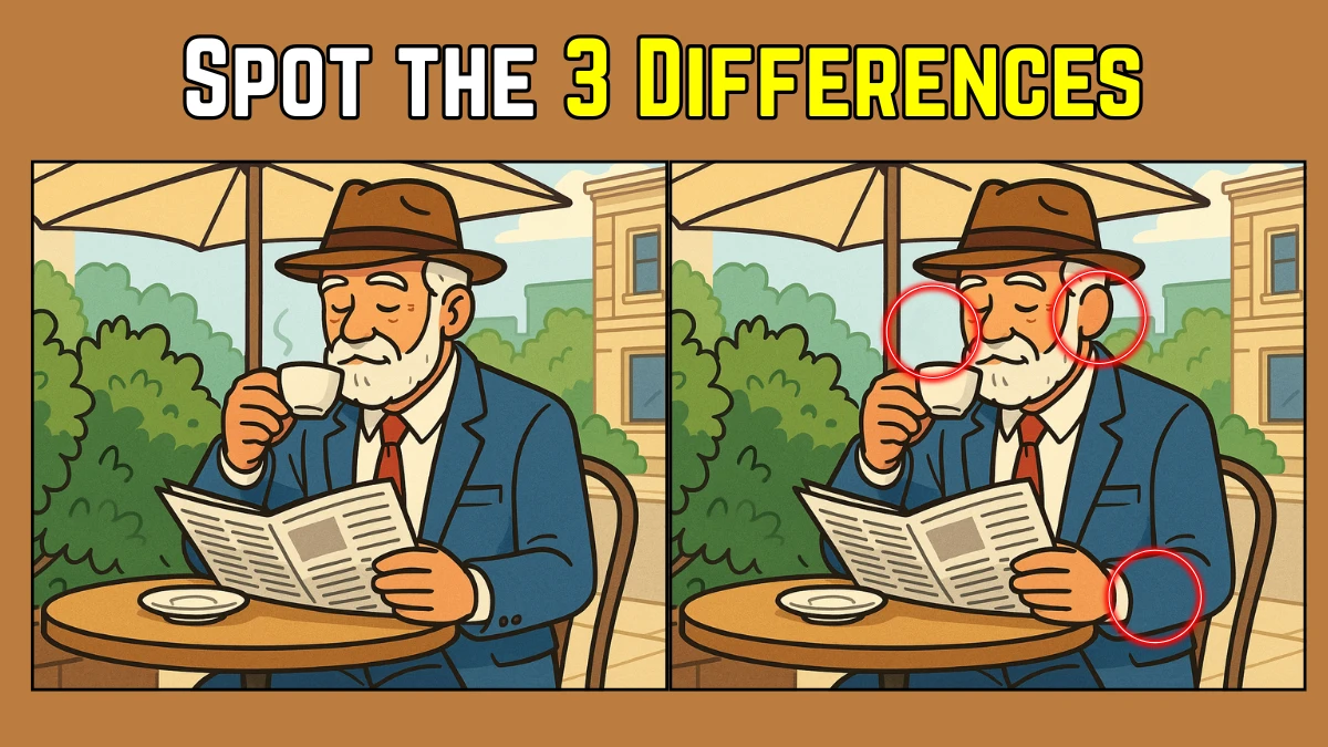 Spot the Difference: Within 9 Seconds Spot The 3 Differences in this Old Man Drinking Coffee Image