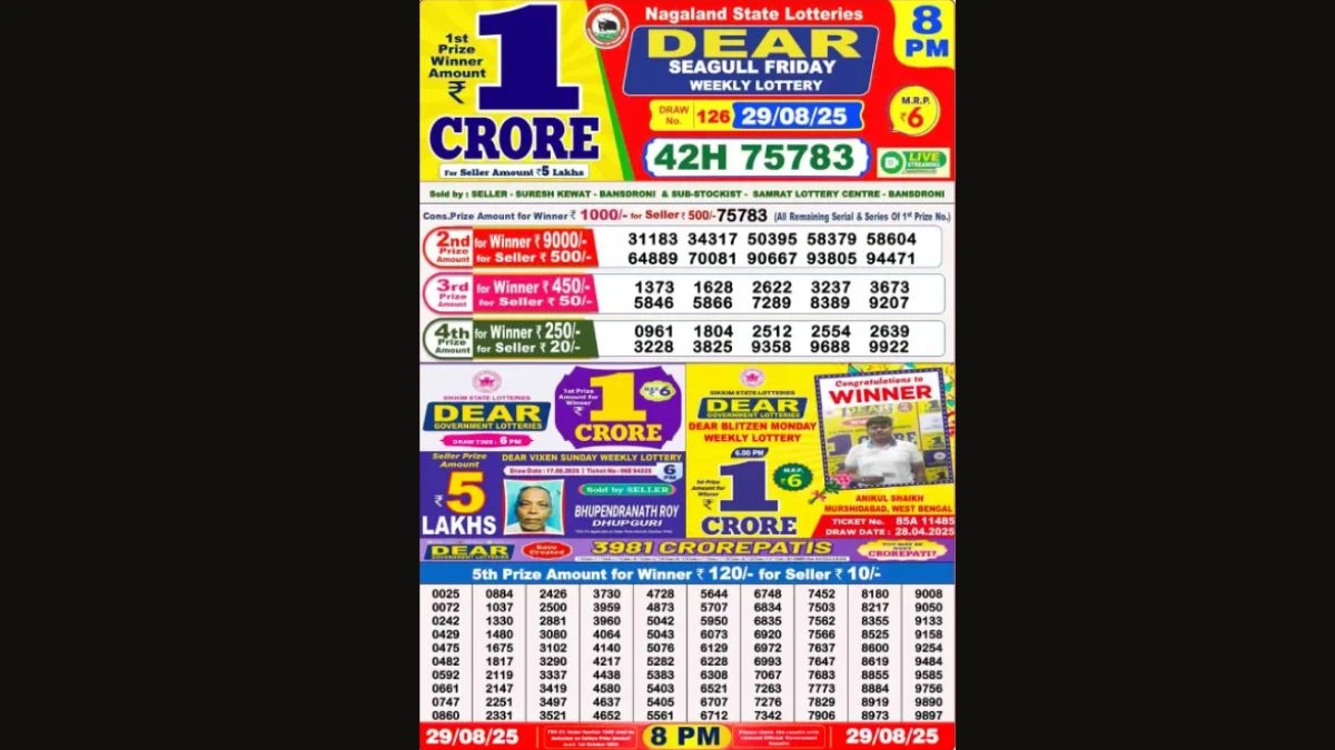 Nagaland Dear Lottery Sambad Result Today 29/08/2025 8 PM OUT: Check all Dear SeaGull Friday Winning Numbers Here