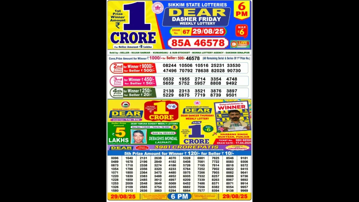Nagaland Dear Lottery Sambad Result Today 29/08/2025 8 PM OUT: Check all Dear SeaGull Friday Winning Numbers Here