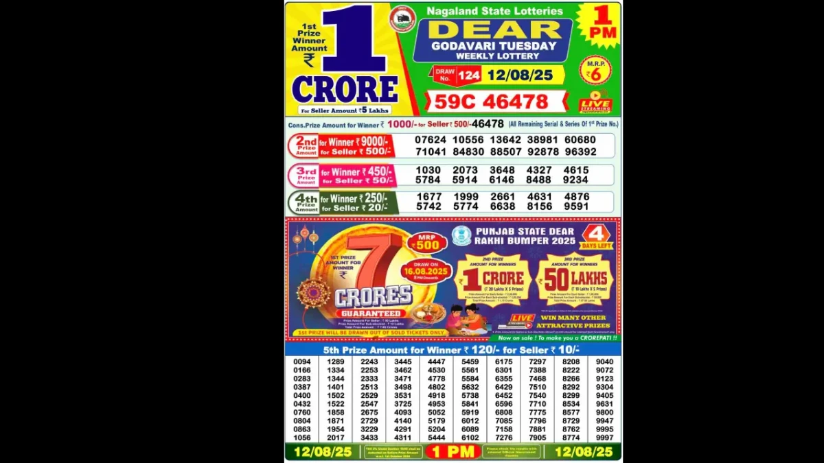 Nagaland Dear Lottery Sambad Result Today 12/08/2025 8 PM OUT: Check all Dear Comet Tuesday Winning Numbers Here