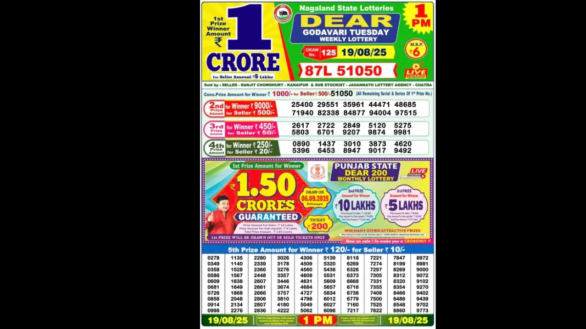 Nagaland Dear Lottery Sambad Result Today 19/08/2025 8 PM OUT: Check all Dear Goose Tuesday Winning Numbers Here