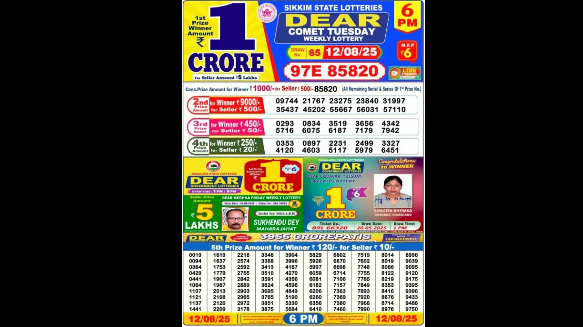 Nagaland Dear Lottery Sambad Result Today 12/08/2025 8 PM OUT: Check all Dear Comet Tuesday Winning Numbers Here