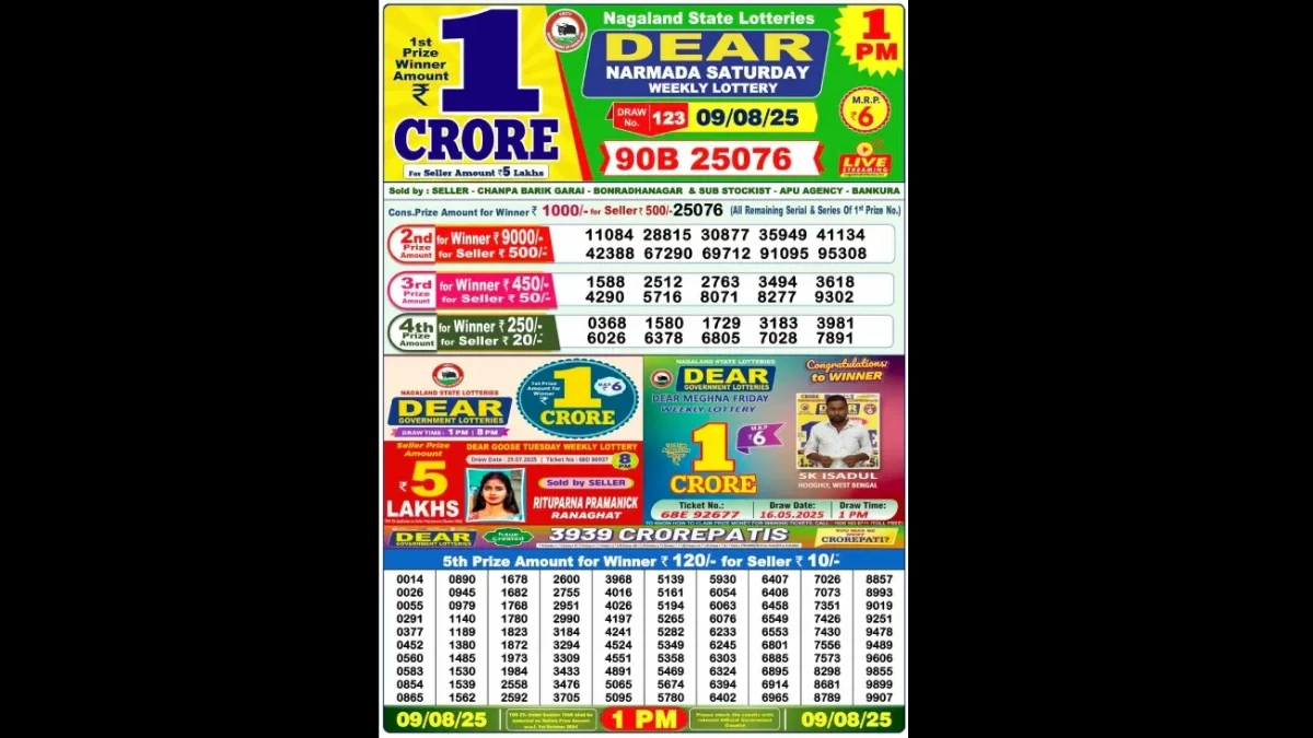 Nagaland Dear Lottery Sambad Result Today 09/08/2025 6 PM: Check all Dear Donner Saturday Lucky Winning Numbers Here
