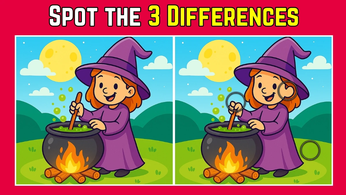 Spot the Difference: Within 8 Seconds Spot The 3 Differences in this Witch Image
