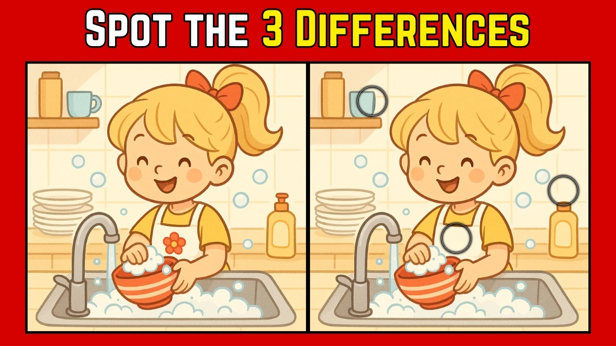 Spot the Difference: Within 9 Seconds Spot The 3 Differences in this Girl Washing Dish Image