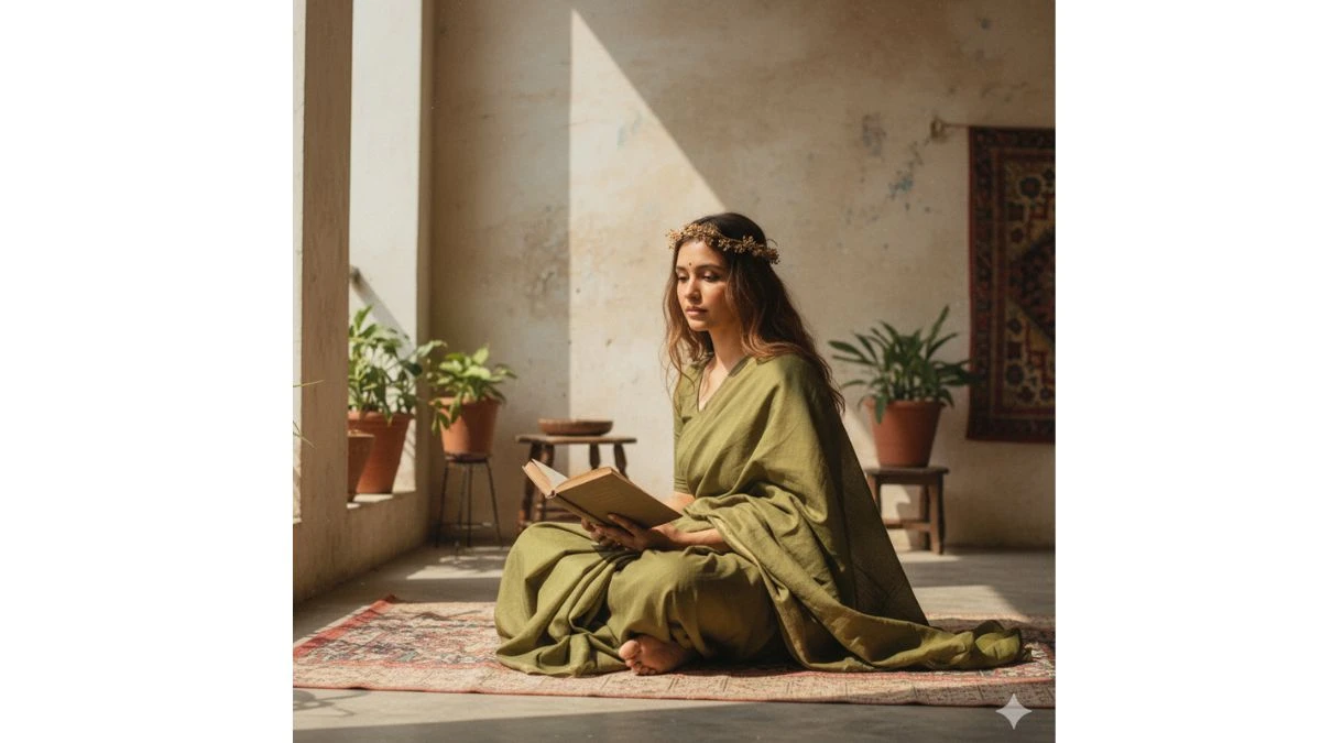 Woman in an olive green saree sitting on a rug