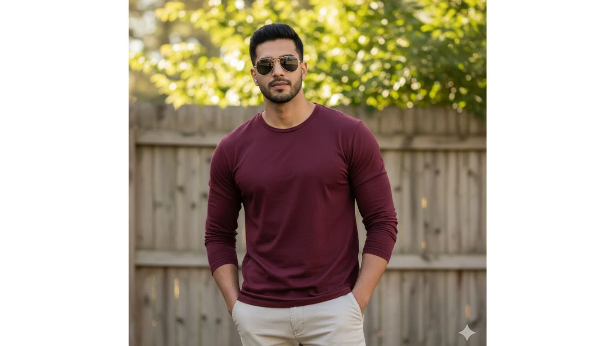 Man in maroon shirt and aviator sunglasses