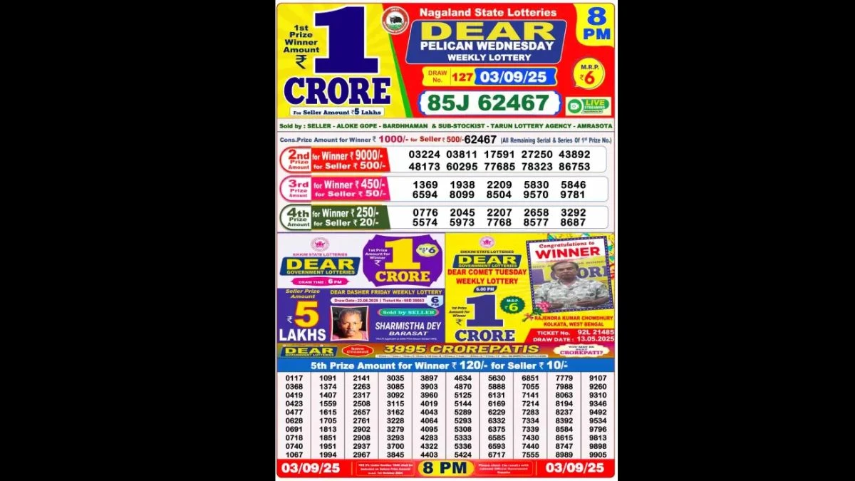 Nagaland Dear Lottery Sambad Result Today 03/09/2025 8 PM OUT: Check all Dear Pelican Wednesday Winning Numbers Here