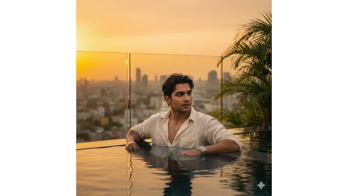 Ultra-Realistic 8K Cinematic Portrait of a Stylish Young Man Relaxing in a Rooftop Infinity Pool at Sunset.