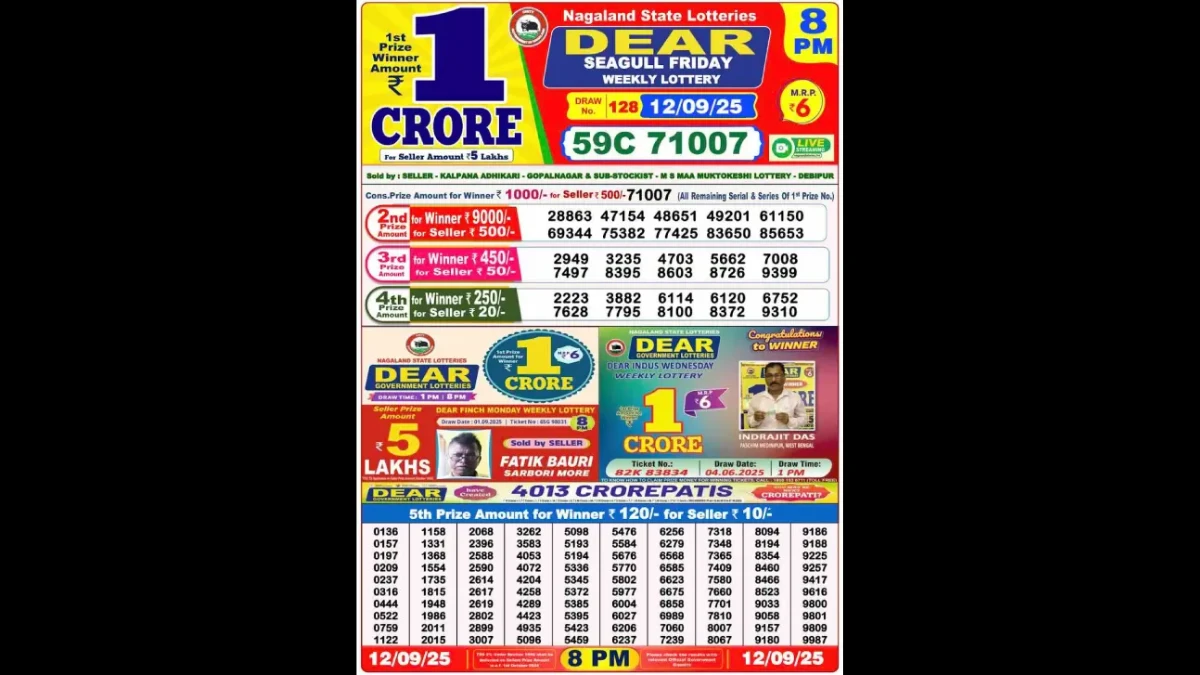 Nagaland Dear Lottery Sambad Result Today 12-09-2025 8 PM OUT: Check all Dear SeaGull Friday Winning Numbers Here