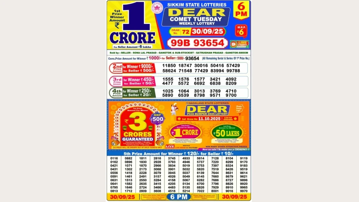 Nagaland Dear Lottery Sambad Result Today 30-09-2025 6 PM OUT: Check all Dear Comet Tuesday Winning Numbers Here