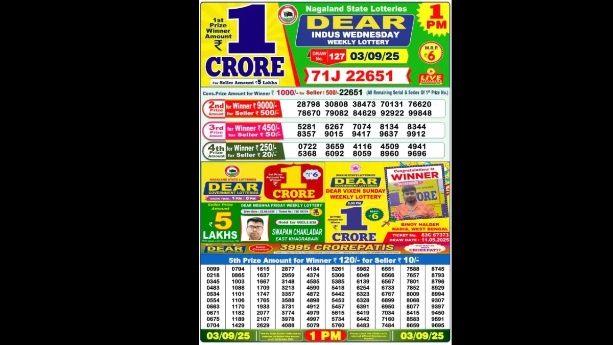 Nagaland Dear Lottery Sambad Result Today 03/09/2025 8 PM OUT: Check all Dear Pelican Wednesday Winning Numbers Here