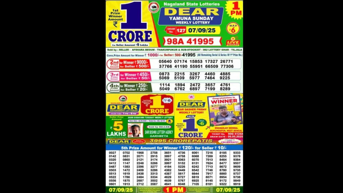 Nagaland Dear Lottery Sambad Result Today 07/09/2025 8 PM OUT: Check all Dear Toucan Sunday Winning Numbers Here