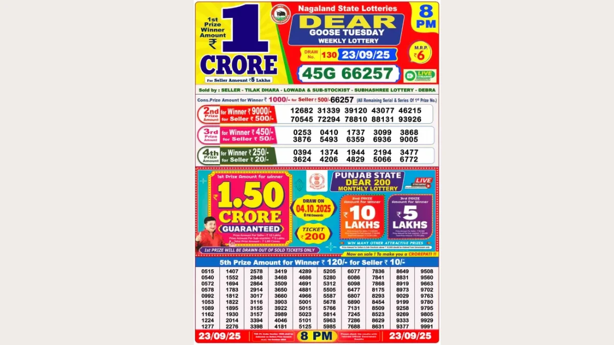 Nagaland Dear Lottery Sambad Result Today 23-09-2025 8 PM OUT: Check all Dear Goose Tuesday Winning Numbers Here