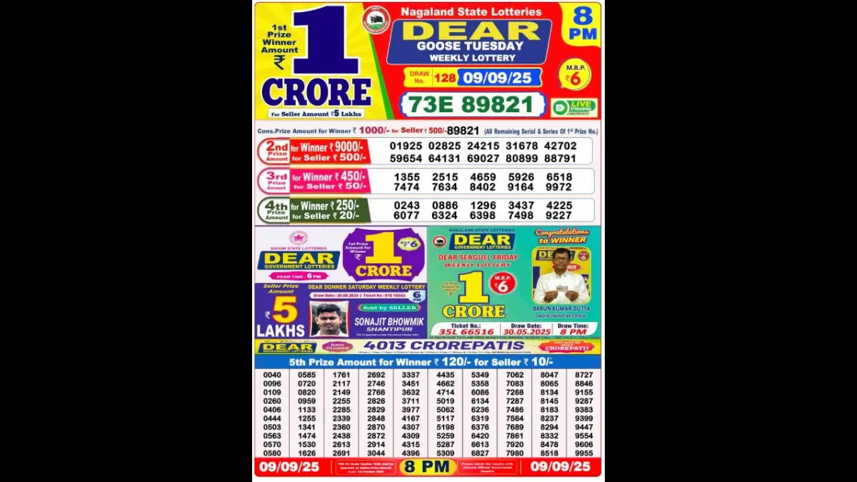 Nagaland Dear Lottery Sambad Result Today 09-09-2025 8 PM OUT: Check all Dear Goose Tuesday Winning Numbers Here