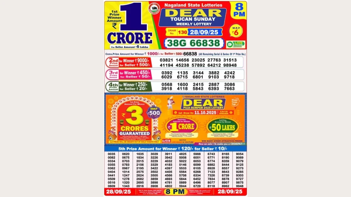 Nagaland Dear Lottery Sambad Result Today 28-09-2025 8 PM OUT: Check all Dear Toucan Sunday Winning Numbers Here