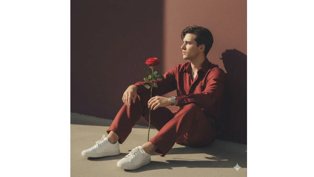 A man in a retro red wine-colored shirt sitting against a matching wall holding a rose.