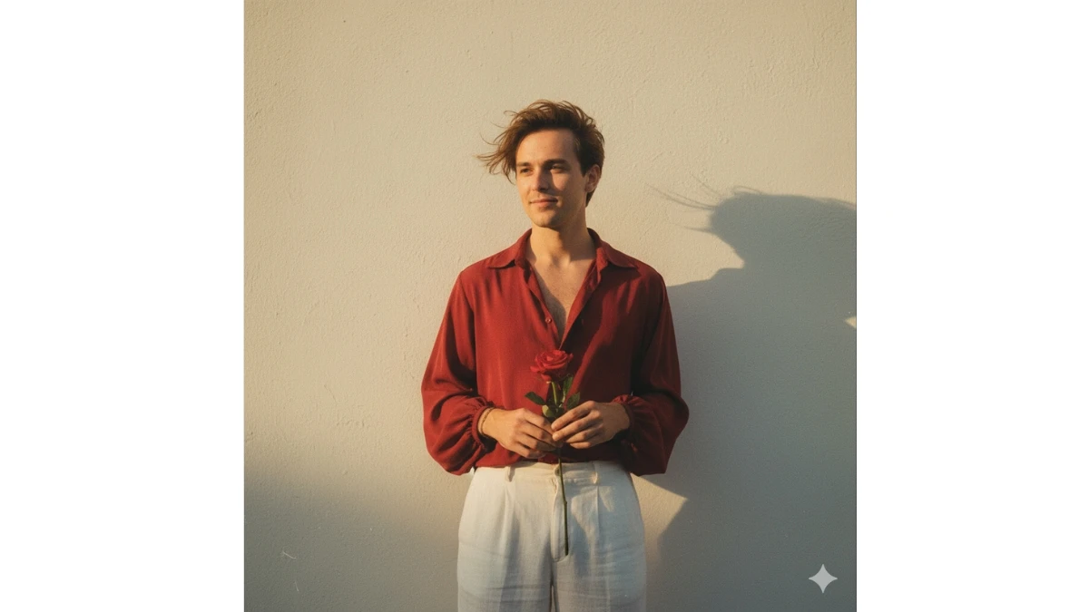A man in a red wine-colored retro shirt holding a rose against a wall with deep shadows.