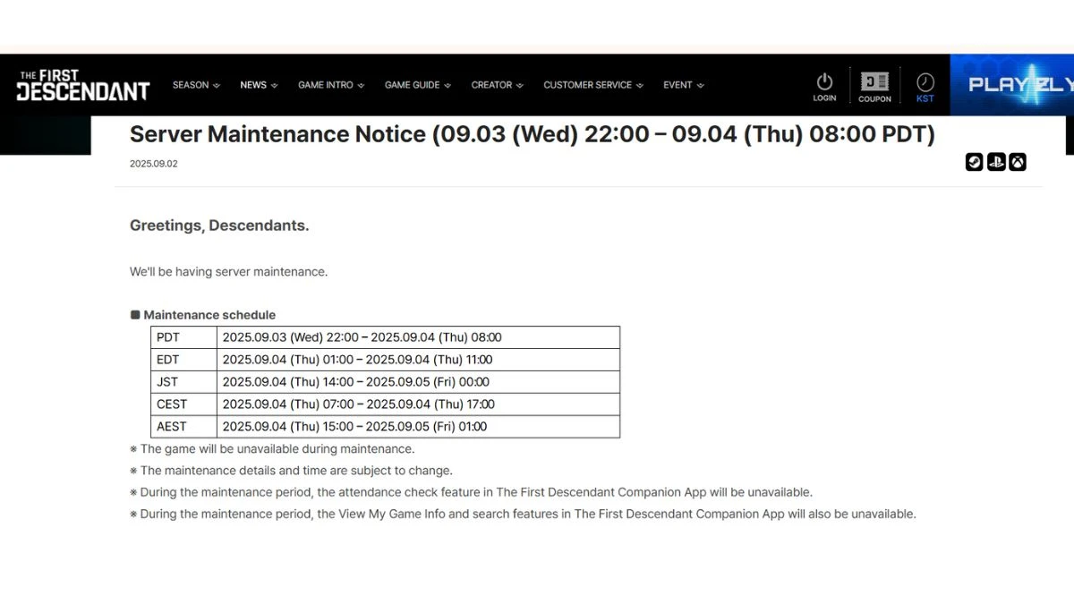 The First Descendant Maintenance: Schedule, Updates & Downtime Details