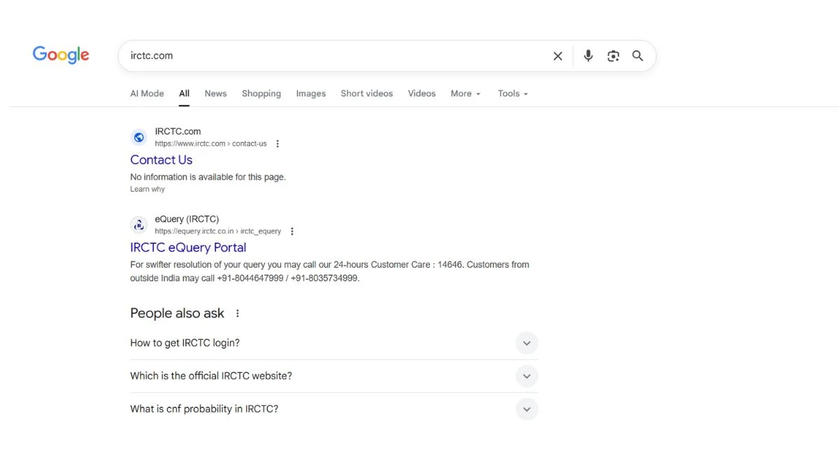 IRCTC Websites irctc.com and irctc.co.in Missing from Google Search Results