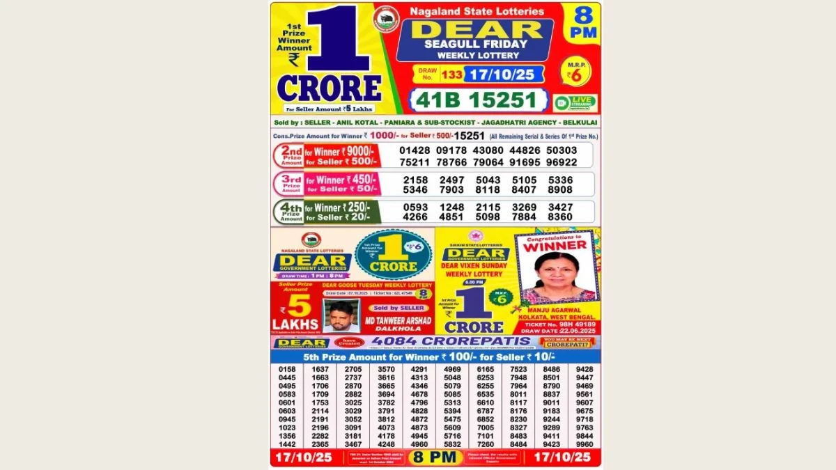 Nagaland Dear Lottery Sambad Result Today 17-10-2025 8 PM OUT: Check all Dear SeaGull Friday Winning Numbers Here