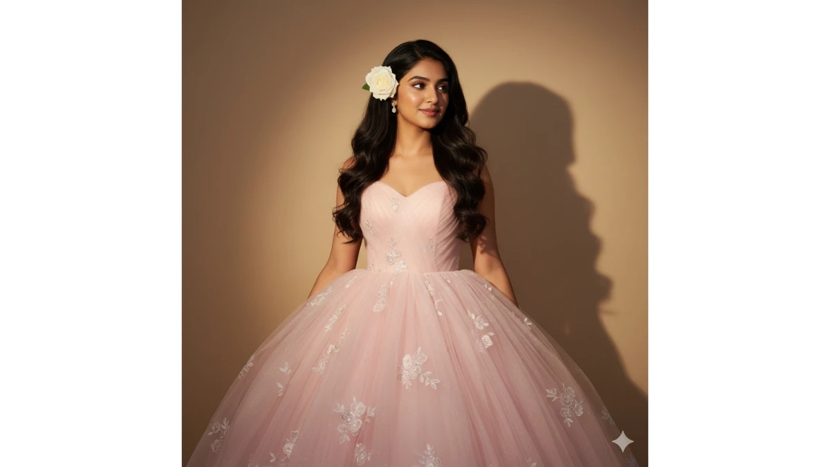 A woman in a pastel pink Barbie-style gown with a serene expression.