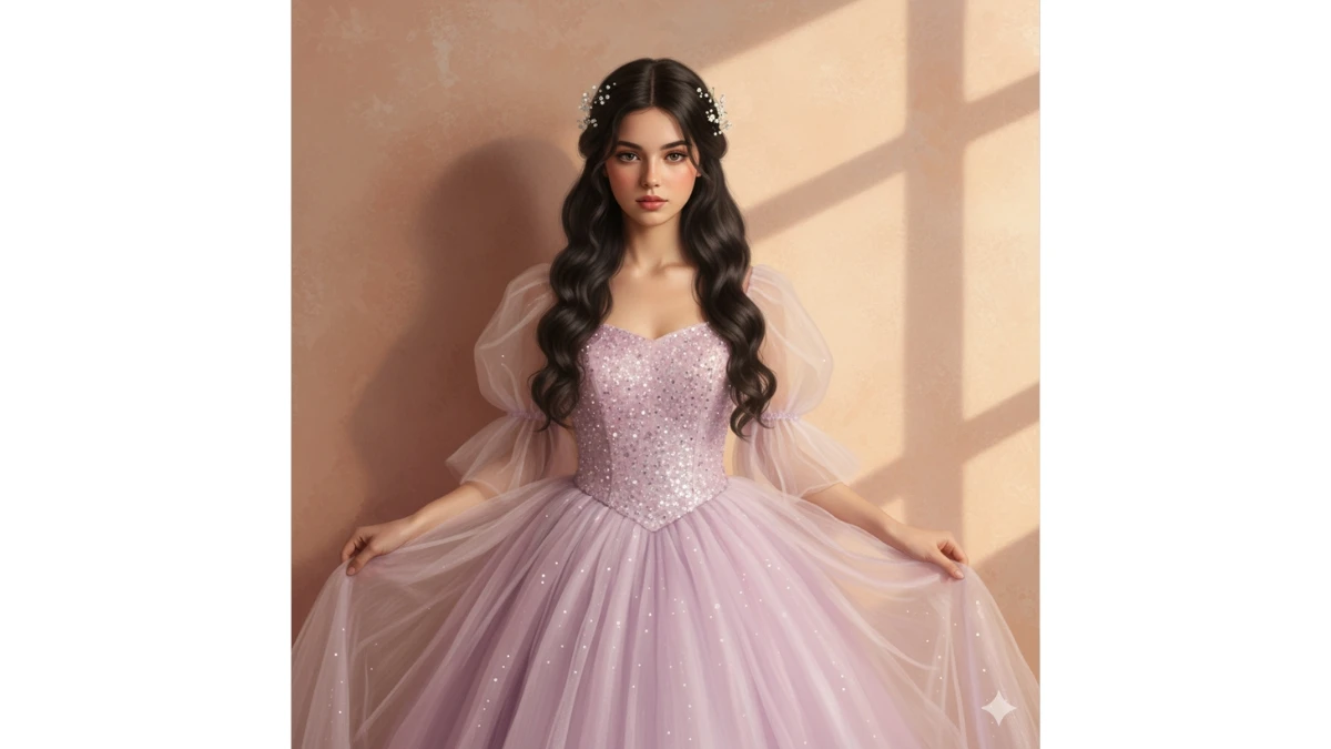 A woman in a glittering lavender-pink Barbie gown with flowers in her hair.