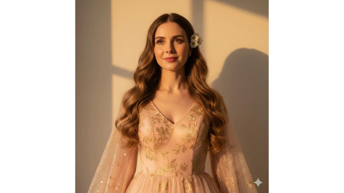 A woman in a pastel peach-pink gown with golden embroidery, glowing in warm light.