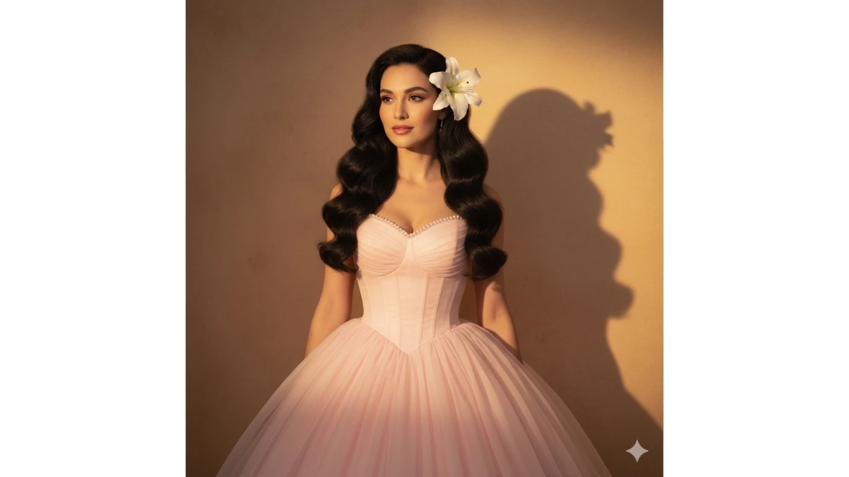 A woman in a rose-pink gown with pearl detailing, looking regal.