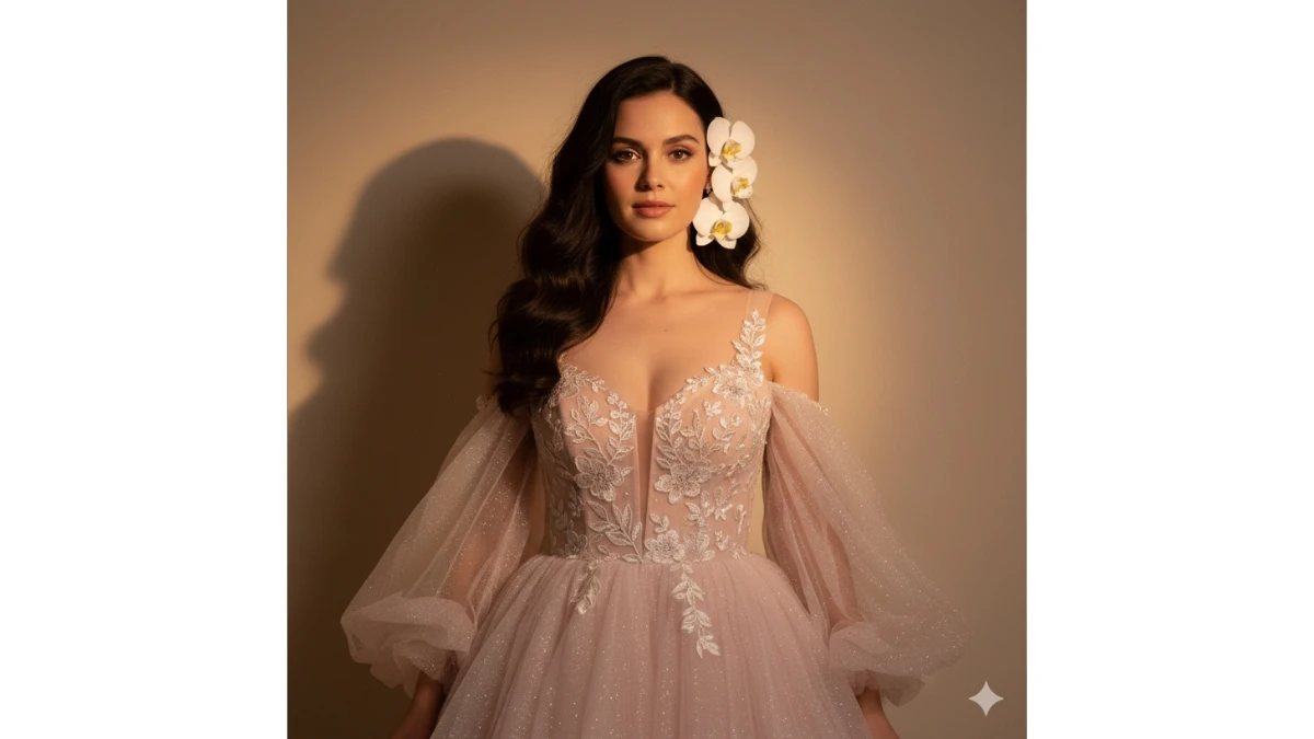A woman in a blush-pink gown with sheer glitter layers and orchids in her hair.