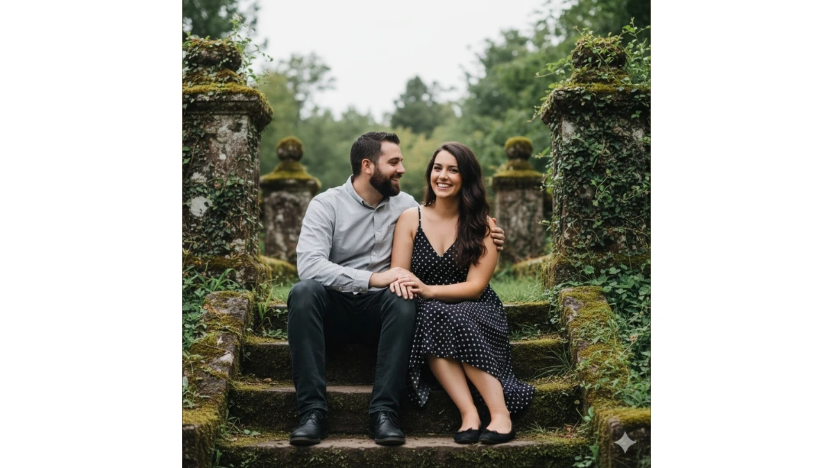 A couple sitting on ancient stone steps outdoors.